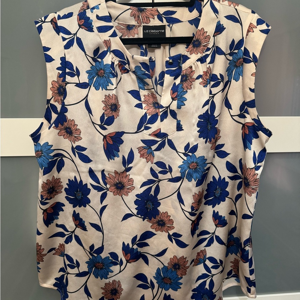Liz Claiborne Sleeveless Blouse Blue and Brown Floral